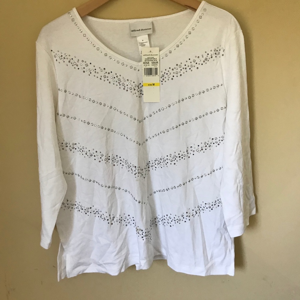 Alfred Dunner Embellished 3/4 Sleeve White Top - Picture 2 of 5